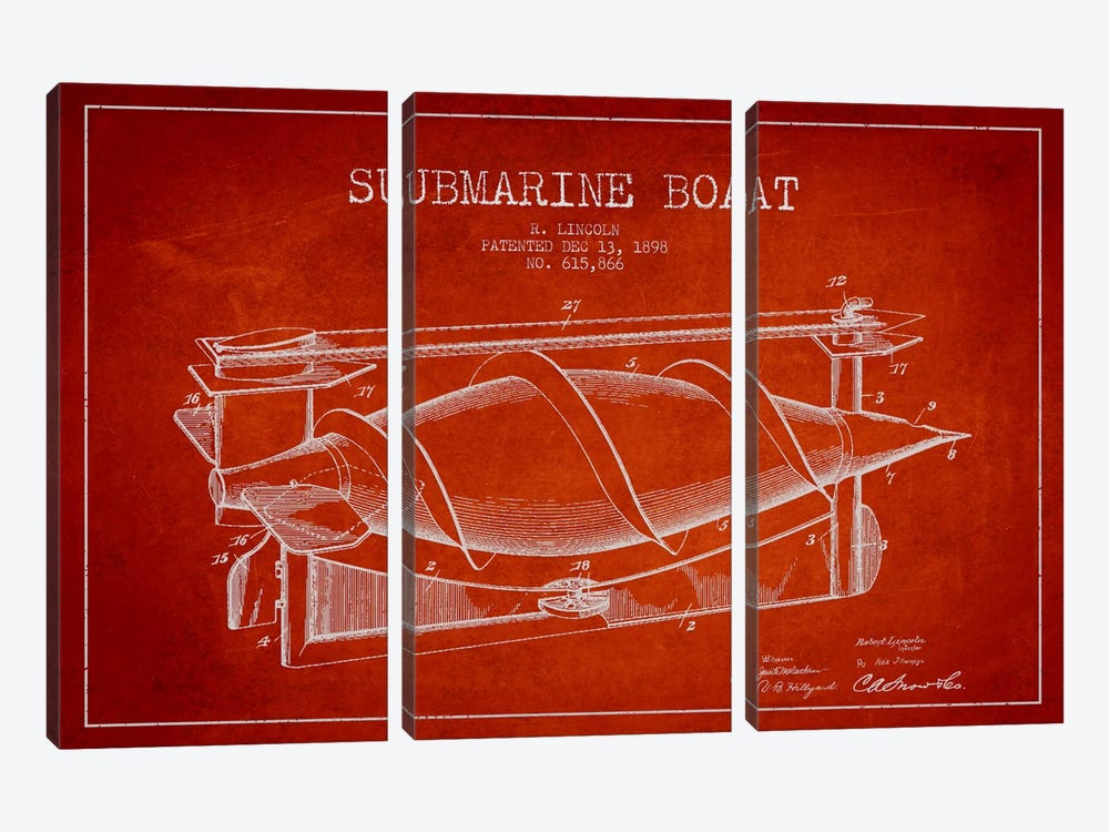 Submarine Vessel Red Patent Blueprint by Aged Pixel 3-piece Canvas Artwork