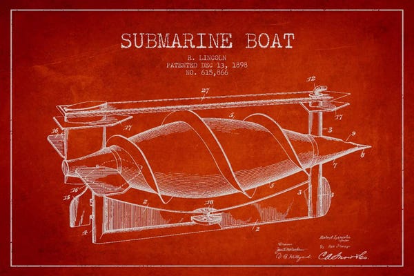 Submarines: Submarine Vessel Red Patent Blueprint by Aged Pixel