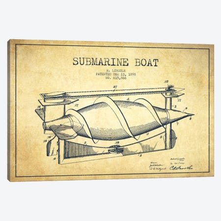 Submarine Vessel Vintage Patent Blueprint Canvas Print #ADP2669} by Aged Pixel Canvas Art