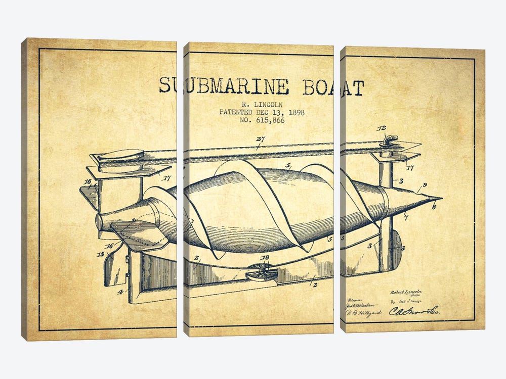 Submarine Vessel Vintage Patent Blueprint by Aged Pixel 3-piece Canvas Art Print