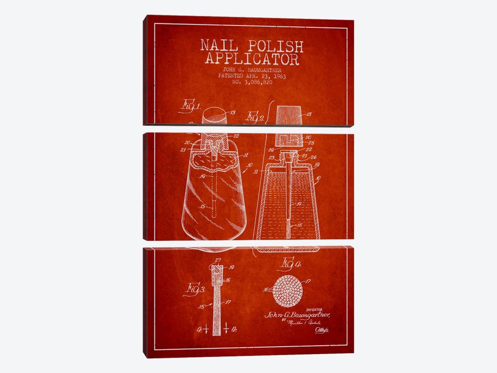 Nail Polish Applicator Red Patent Blueprint by Aged Pixel 3-piece Canvas Wall Art