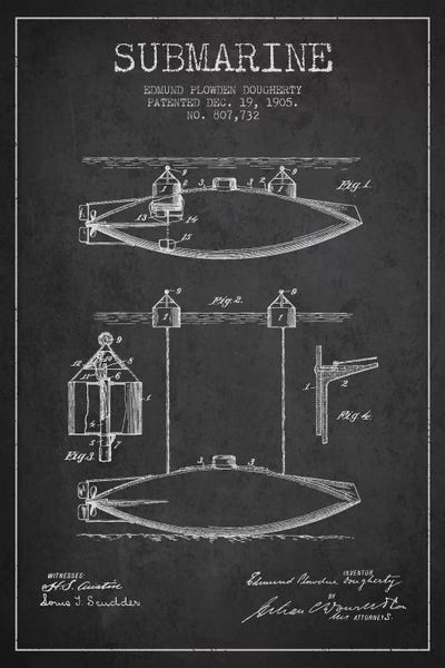 Warships: Submarine Vessel Charcoal Patent Blueprint by Aged Pixel