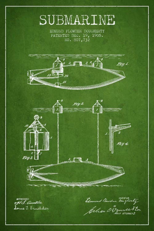 Submarine Vessel Green Patent Blueprint