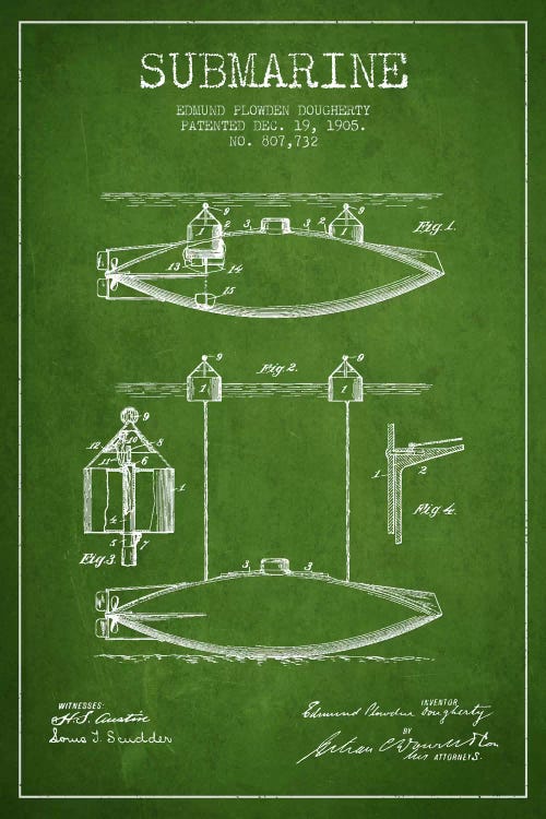 Submarine Vessel Green Patent Blueprint by Aged Pixel wall art