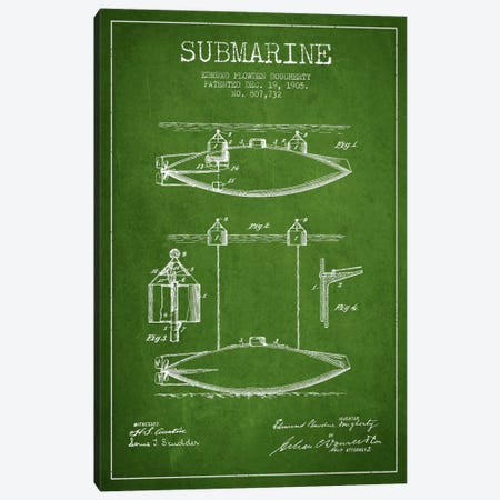Submarine Vessel Green Patent Blueprint Canvas Print #ADP2671} by Aged Pixel Art Print