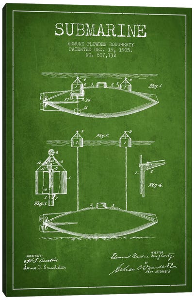 Submarine Vessel Green Patent Blueprint Canvas Art Print