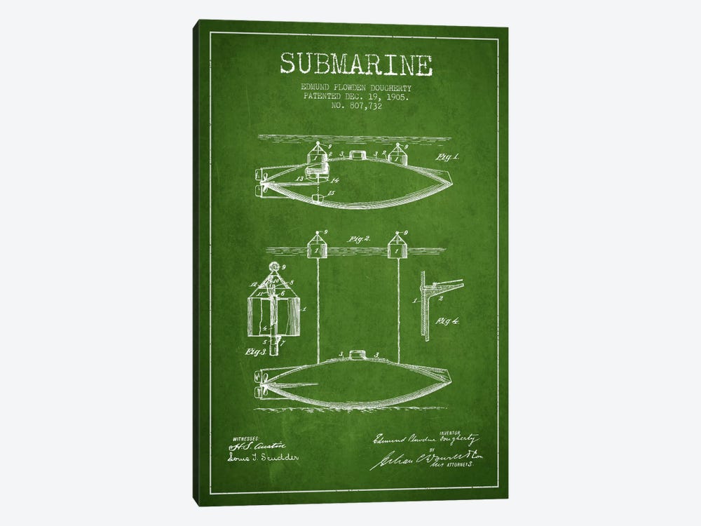 Submarine Vessel Green Patent Blueprint by Aged Pixel 1-piece Canvas Artwork