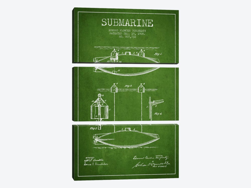 Submarine Vessel Green Patent Blueprint by Aged Pixel 3-piece Canvas Wall Art