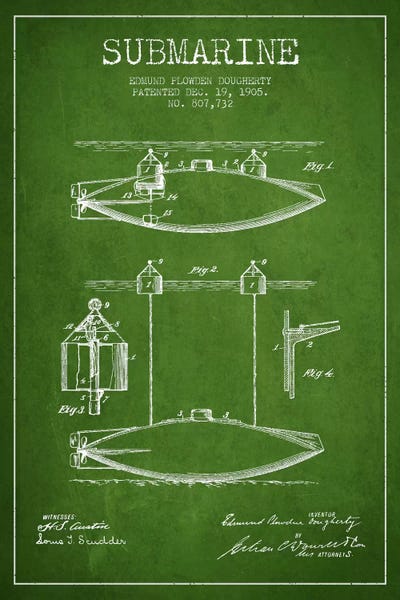 Submarines: Submarine Vessel Green Patent Blueprint by Aged Pixel