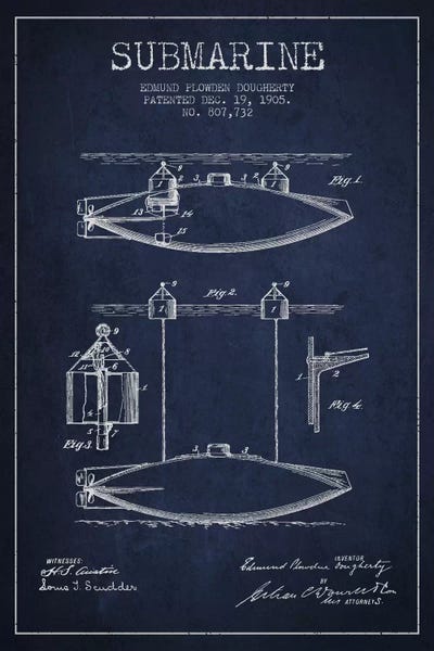 Submarine Vessel Navy Blue Patent Blueprint by Aged Pixel framed canvas print