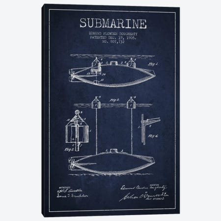 Submarine Vessel Navy Blue Patent Blueprint Canvas Print #ADP2672} by Aged Pixel Canvas Art Print
