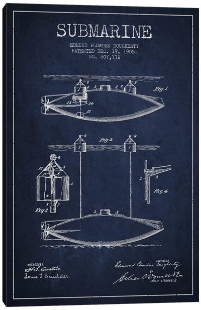 Submarine Vessel Navy Blue Patent Blueprint Canvas Art Print - Nautical Blueprints