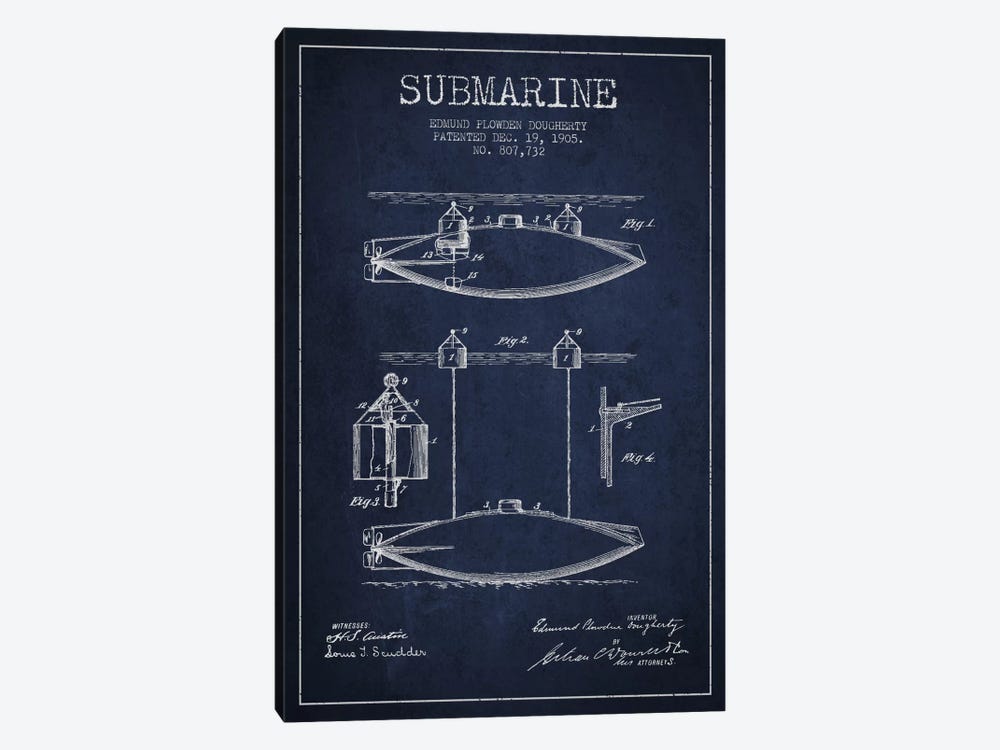 Submarine Vessel Navy Blue Patent Blueprint by Aged Pixel 1-piece Canvas Print