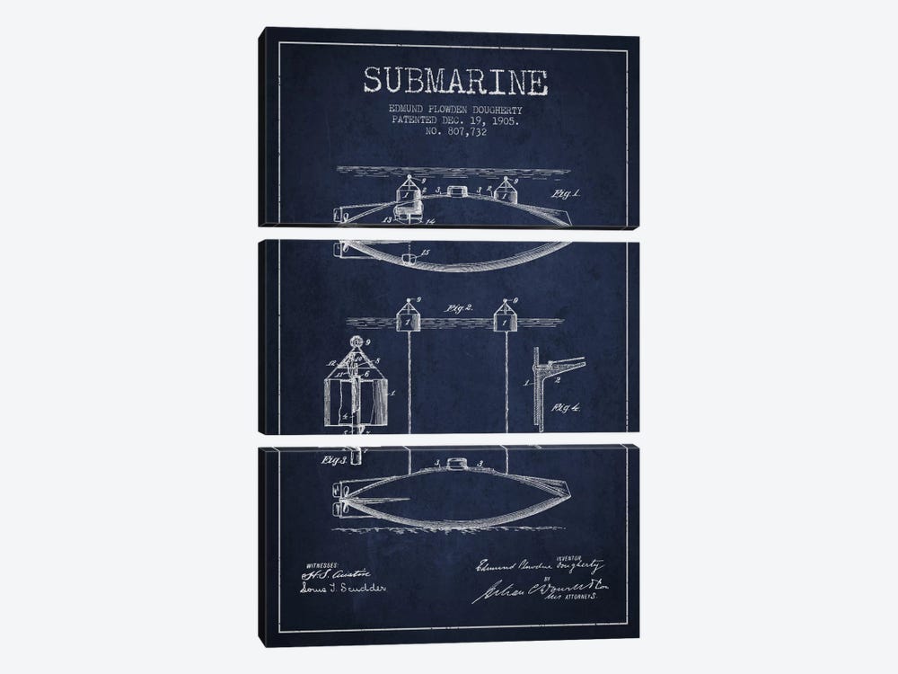 Submarine Vessel Navy Blue Patent Blueprint by Aged Pixel 3-piece Art Print