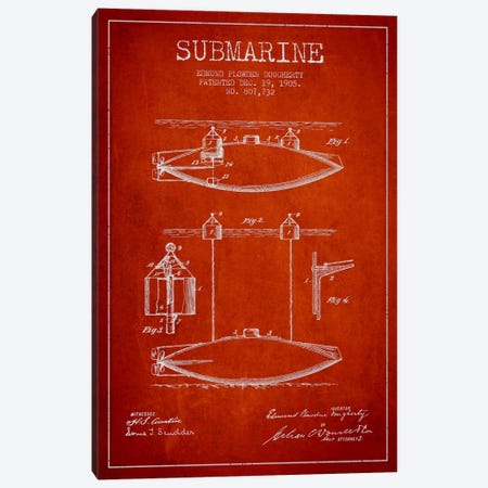 Submarine Vessel Red Patent Blueprint Canvas Print #ADP2673} by Aged Pixel Art Print