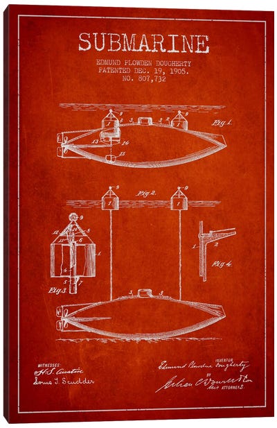 Submarine Vessel Red Patent Blueprint Canvas Art Print - Submarine Art