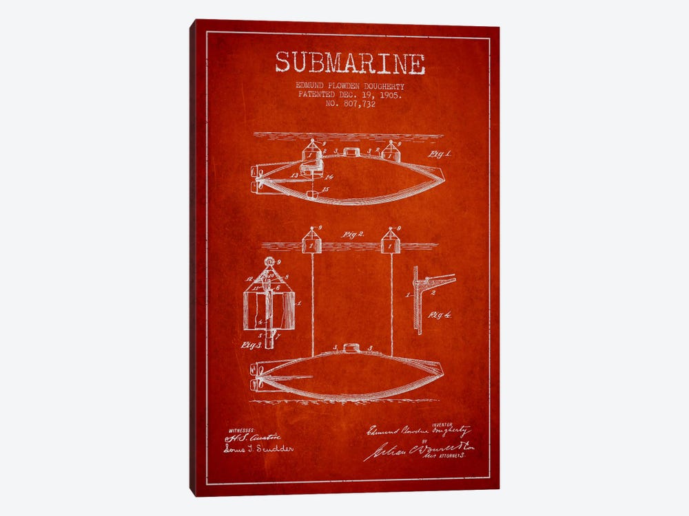 Submarine Vessel Red Patent Blueprint by Aged Pixel 1-piece Canvas Wall Art