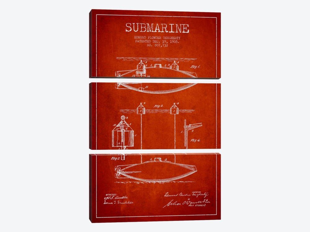 Submarine Vessel Red Patent Blueprint by Aged Pixel 3-piece Canvas Wall Art