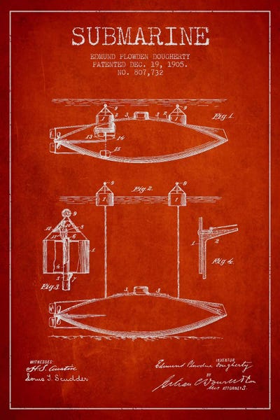 Submarines: Submarine Vessel Red Patent Blueprint by Aged Pixel