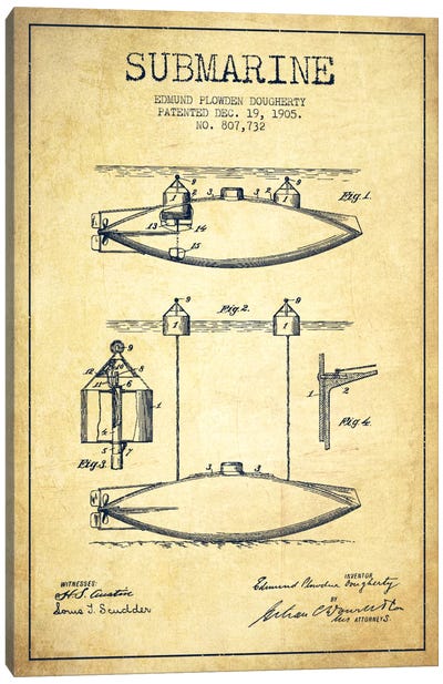 Submarine Vessel Vintage Patent Blueprint Canvas Art Print - Submarine Art