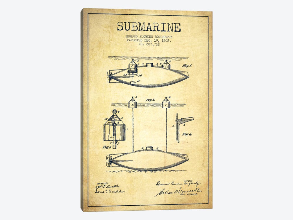 Submarine Vessel Vintage Patent Blueprint by Aged Pixel 1-piece Canvas Print