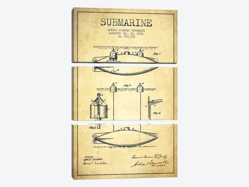 Submarine Vessel Vintage Patent Blueprint by Aged Pixel 3-piece Art Print