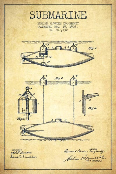 Warships: Submarine Vessel Vintage Patent Blueprint by Aged Pixel