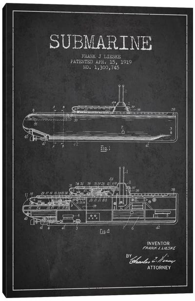 Submarine Vessel Charcoal Patent Blueprint Canvas Art Print - Submarine Art