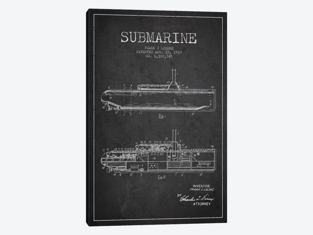 Submarine Vessel Charcoal Patent Blueprint by Aged Pixel 1-piece Canvas Artwork
