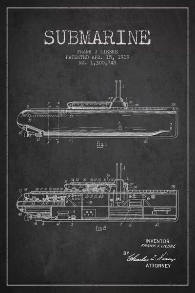 Warships: Submarine Vessel Charcoal Patent Blueprint by Aged Pixel