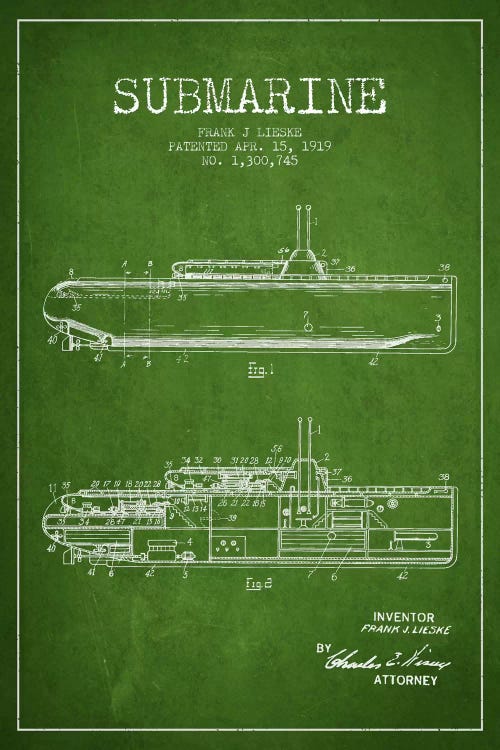 Submarine Vessel Green Patent Blueprint