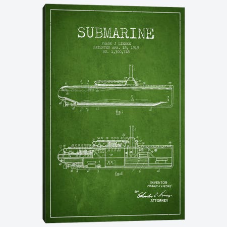 Submarine Vessel Green Patent Blueprint Canvas Print #ADP2676} by Aged Pixel Canvas Artwork