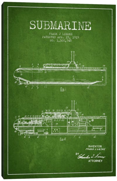Submarine Vessel Green Patent Blueprint Canvas Art Print - Submarine Art