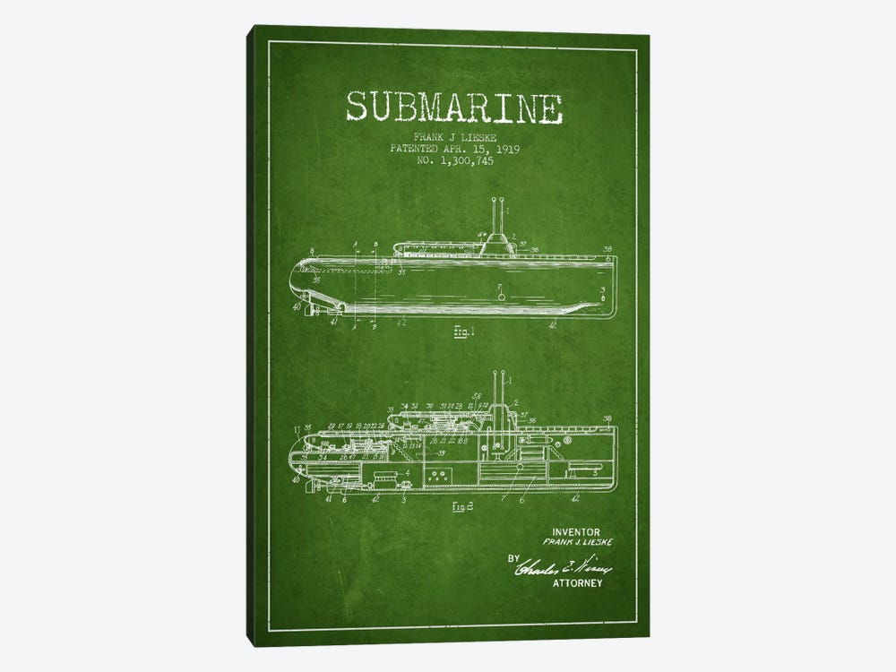 Submarine Vessel Green Patent Blueprint by Aged Pixel 1-piece Canvas Print