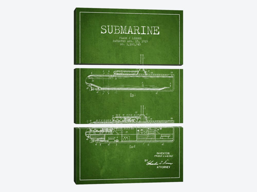 Submarine Vessel Green Patent Blueprint 3-piece Art Print