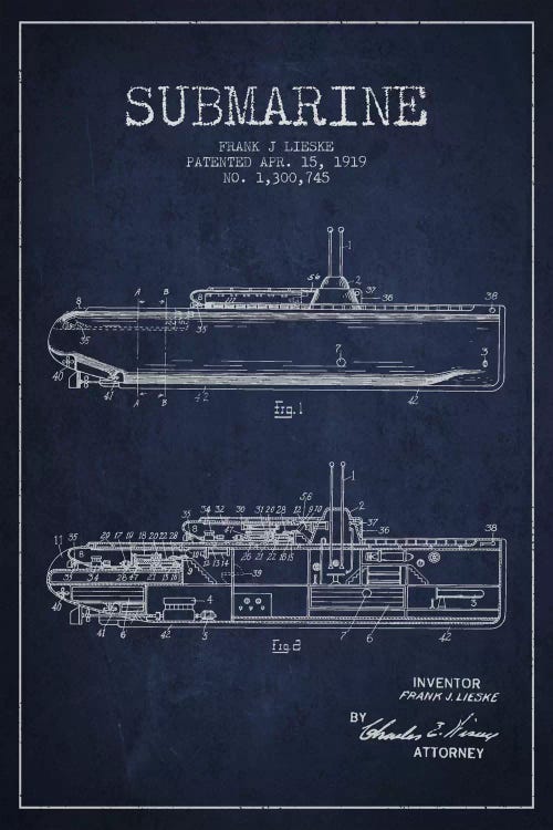 Submarine Vessel Navy Blue Patent Blueprint