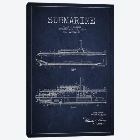 Submarine Vessel Navy Blue Patent Blueprint Canvas Print #ADP2677} by Aged Pixel Canvas Artwork
