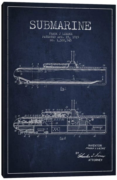 Submarine Vessel Navy Blue Patent Blueprint Canvas Art Print - Aged Pixel