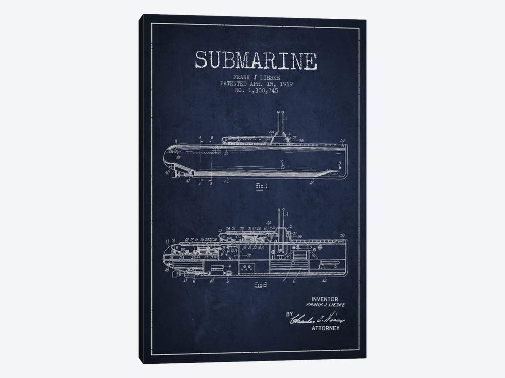Submarine Vessel Navy Blue Patent Blueprint 1-piece Canvas Artwork