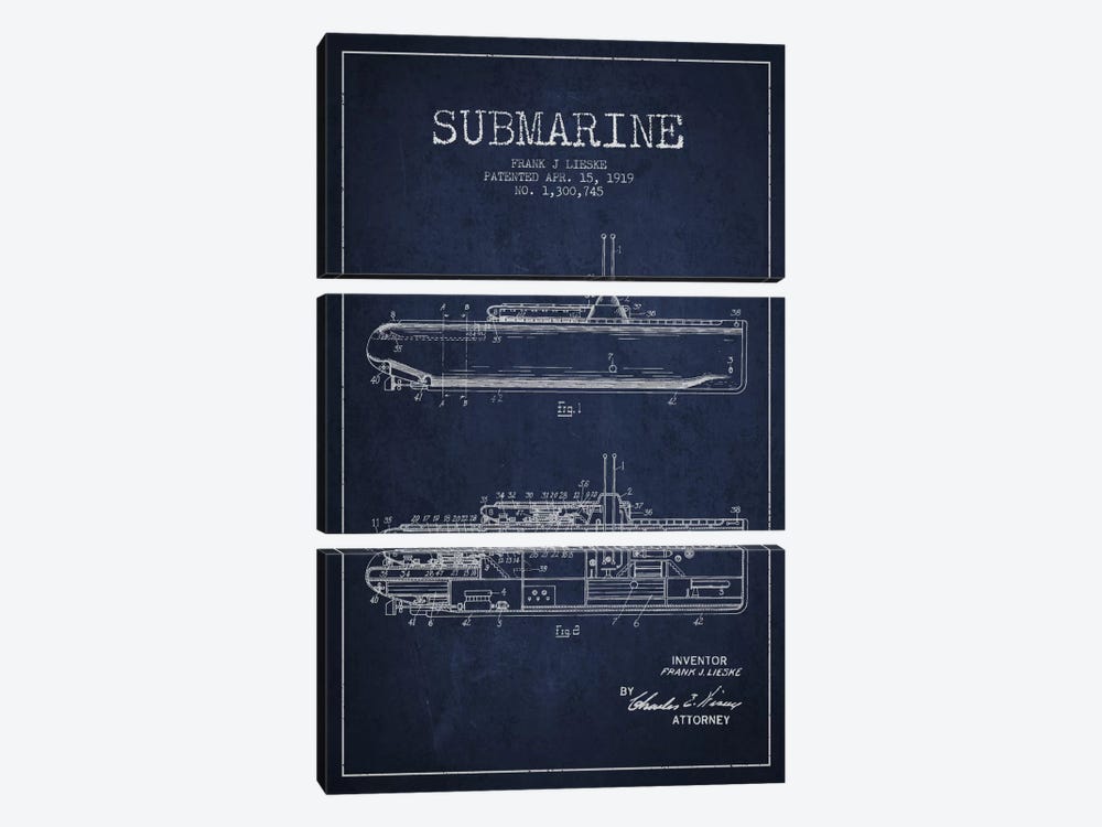 Submarine Vessel Navy Blue Patent Blueprint by Aged Pixel 3-piece Canvas Art