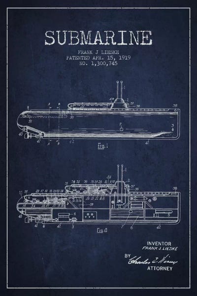 Nautical Blueprints: Submarine Vessel Navy Blue Patent Blueprint by Aged Pixel