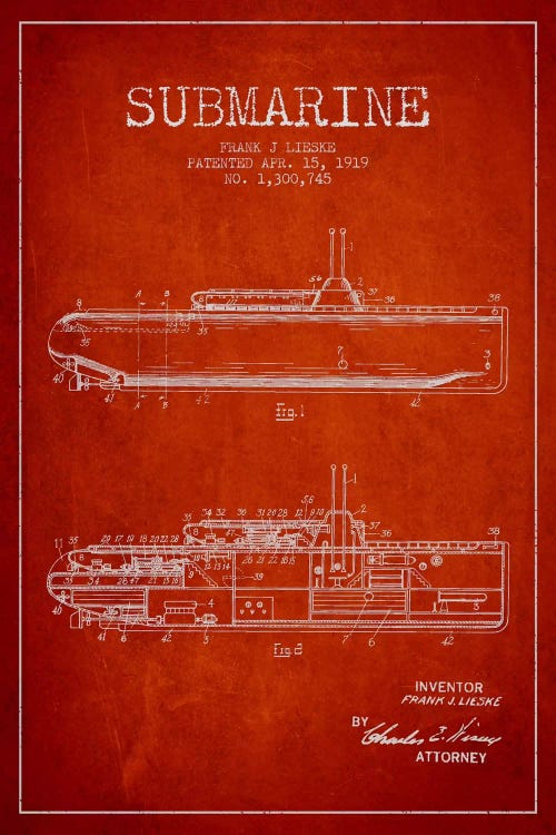 Submarine Vessel Red Patent Blueprint