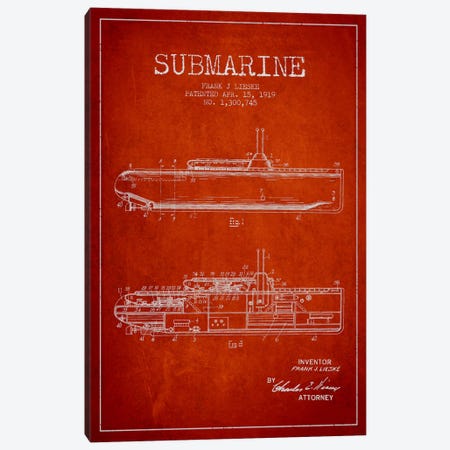 Submarine Vessel Red Patent Blueprint Canvas Print #ADP2678} by Aged Pixel Canvas Print