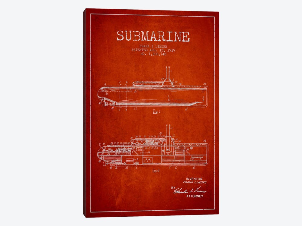 Submarine Vessel Red Patent Blueprint by Aged Pixel 1-piece Canvas Art Print
