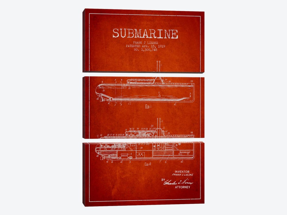 Submarine Vessel Red Patent Blueprint by Aged Pixel 3-piece Canvas Print