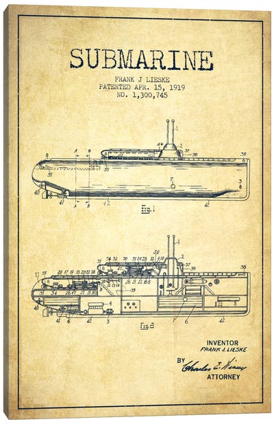 Submarine Vessel Vintage Patent Blueprint Canvas Art Print - Veterans Day