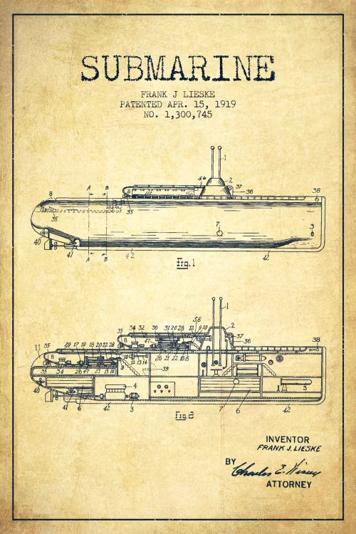 Submarine Vessel Vintage Patent Blueprint