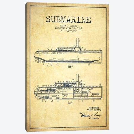 Submarine Vessel Vintage Patent Blueprint Canvas Print #ADP2679} by Aged Pixel Canvas Art Print