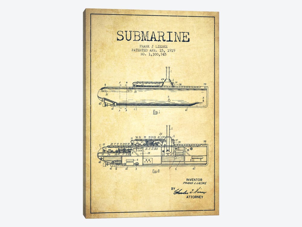 Submarine Vessel Vintage Patent Blueprint by Aged Pixel 1-piece Canvas Artwork