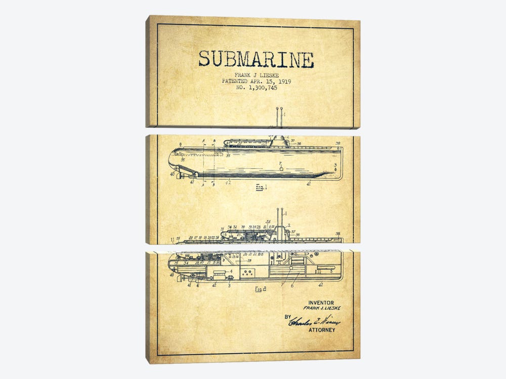 Submarine Vessel Vintage Patent Blueprint by Aged Pixel 3-piece Canvas Artwork
